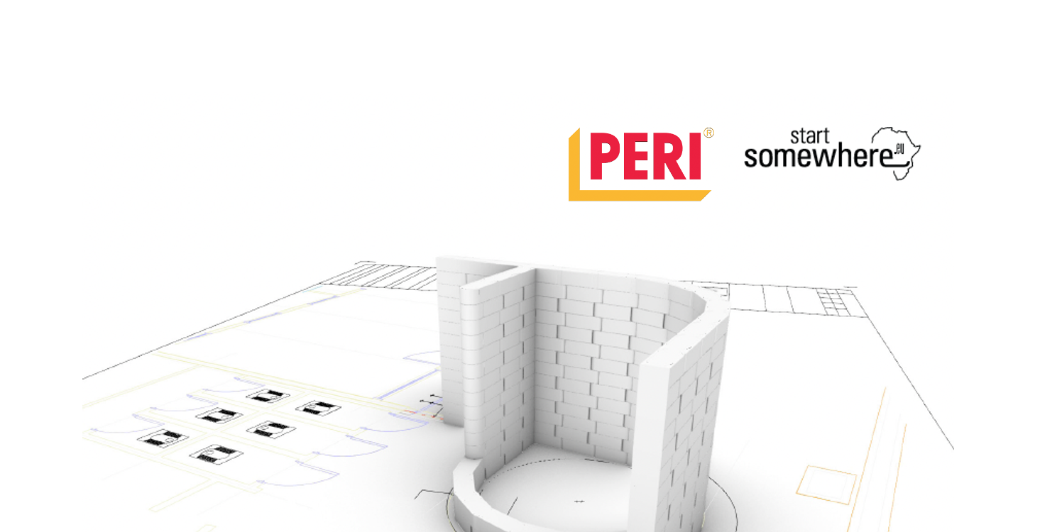 Montage von Skizzen zur Montageanleitung mit einer fertigen Wand des Bausystems und Logos von PERI und Start Somewhere