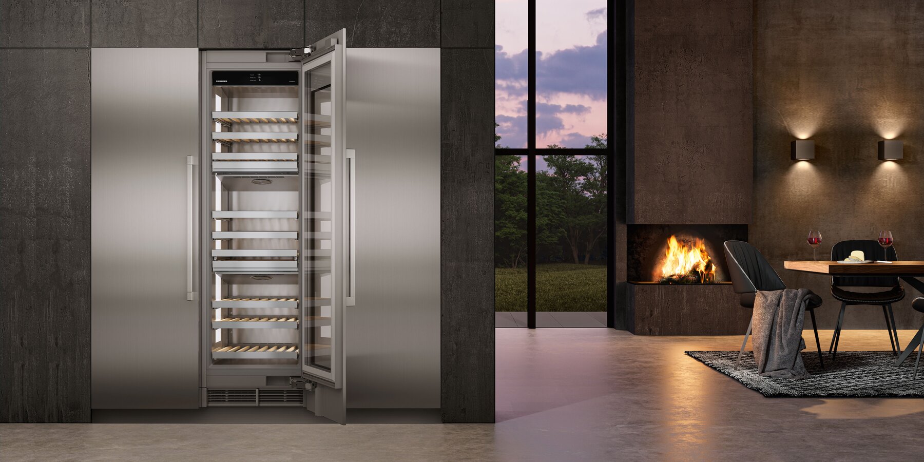 Still aus Imagefilm, das einen luxuriösen Innenraum mit einem geöffneten Monolith Weingerät zeigt