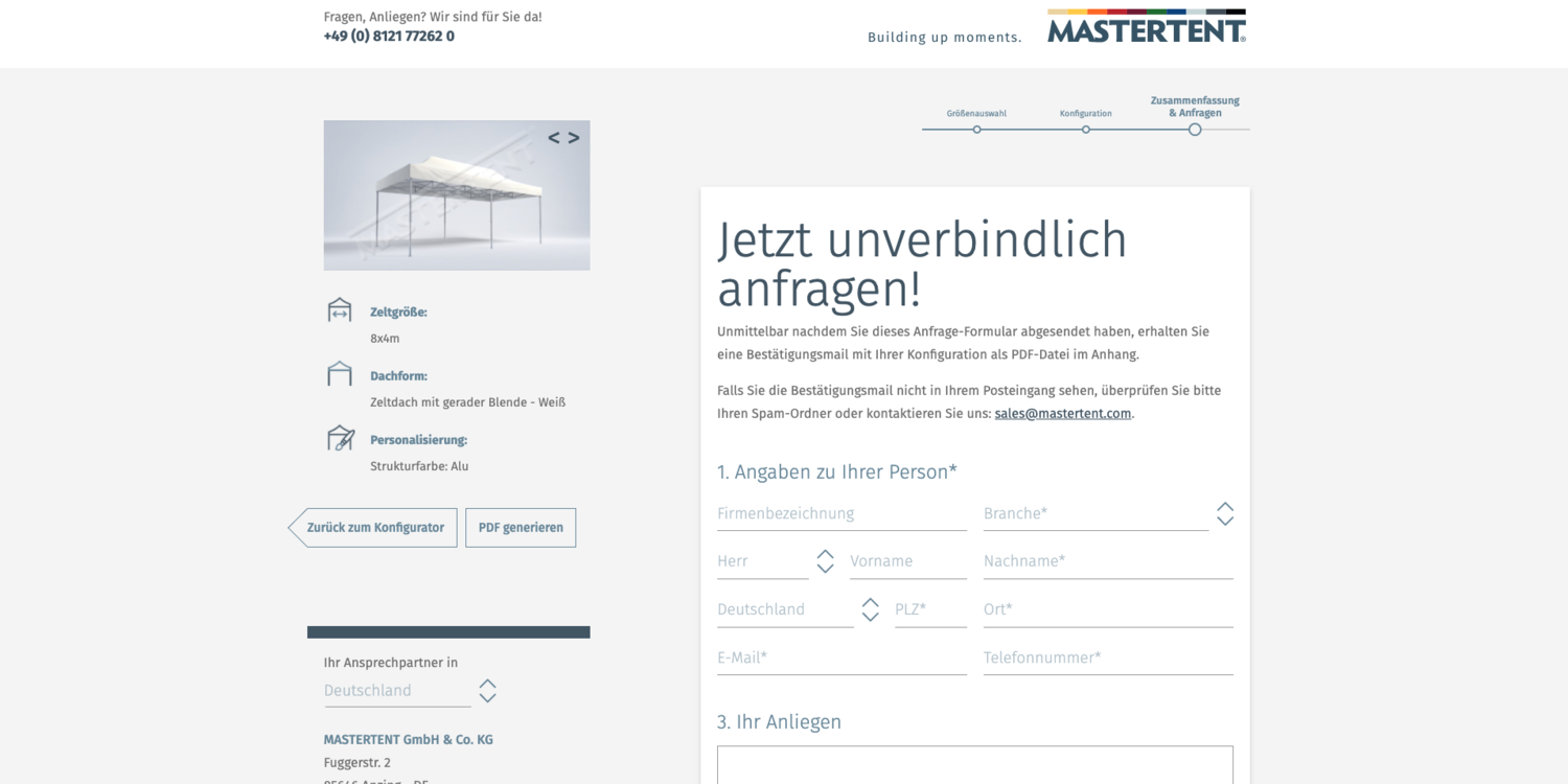 Screenshot des 3D-Konfigurators von Mastertent mit Bestell-Übersichtsmaske