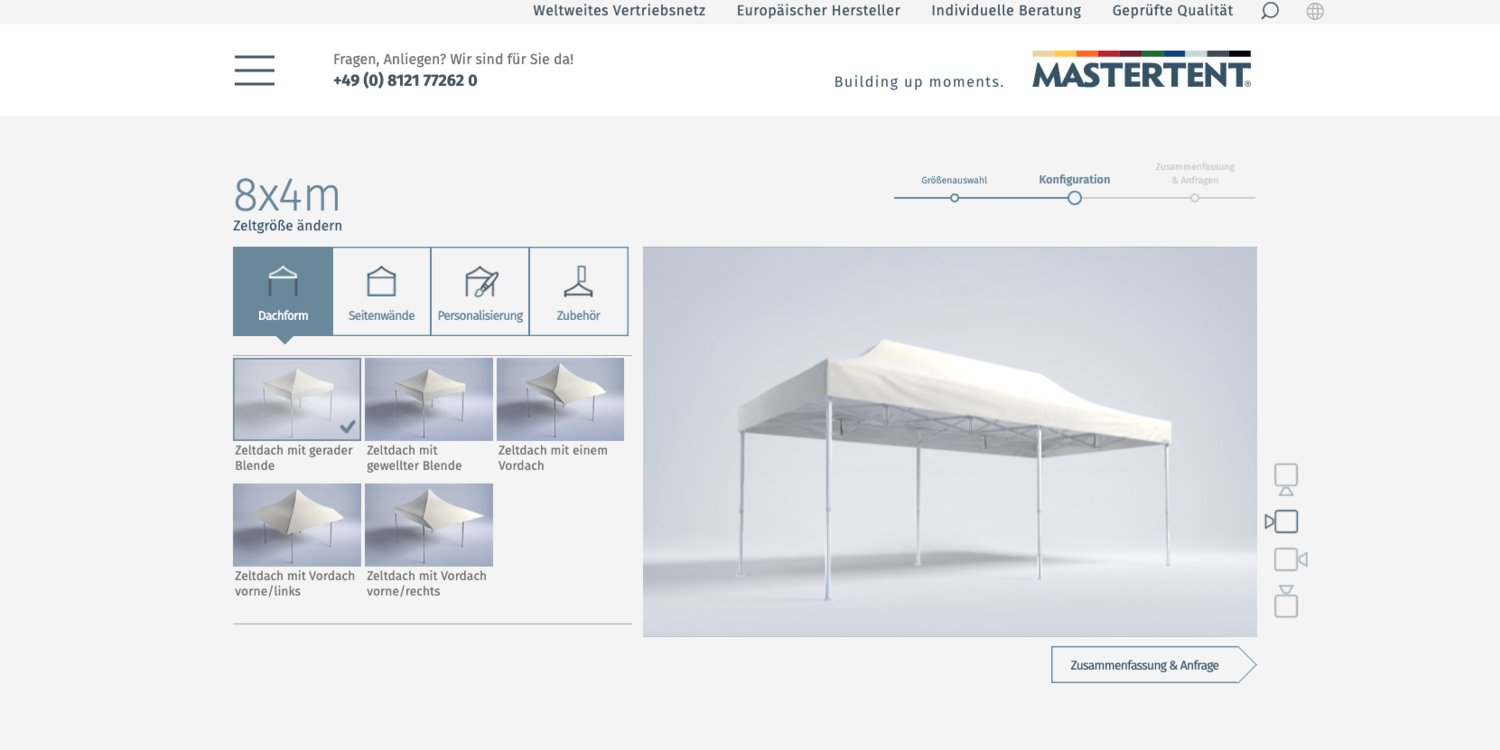 Screenshot des 3D-Konfigurators von Mastertent mit Auswahlmöglichkeiten