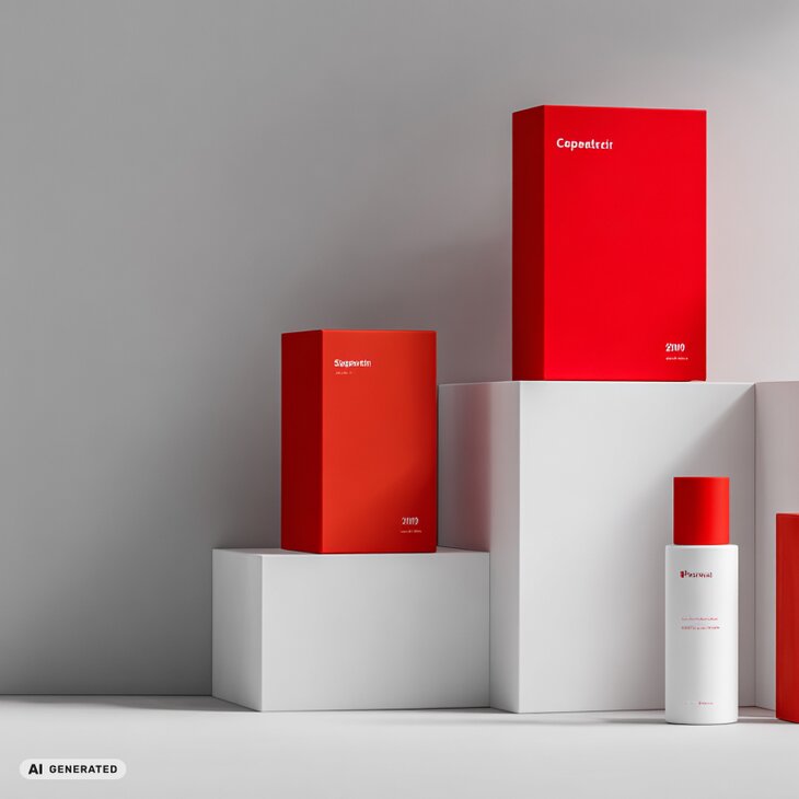 Produktpräsentation mehrerer roter und weißer Verpackungen auf weißen Podesten vor hellem, minimalistischem Hintergrund.