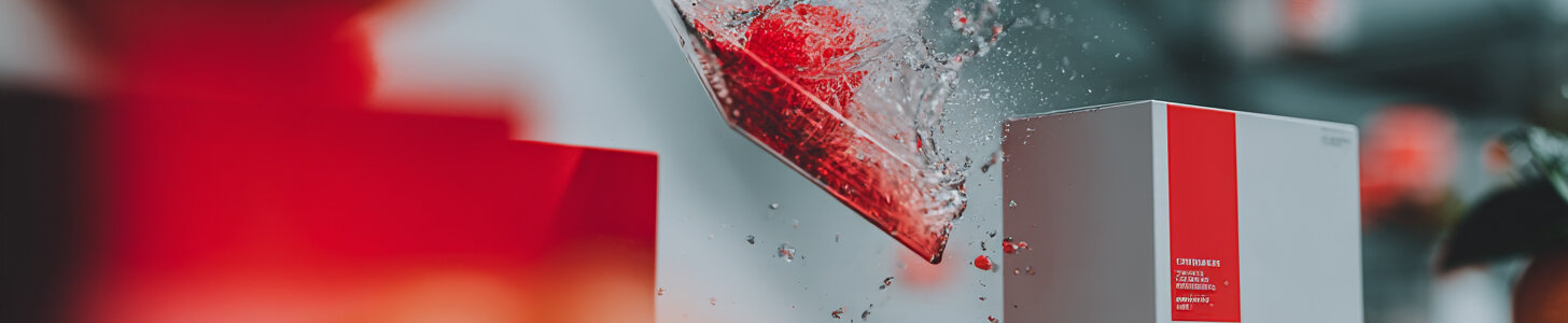 Abstrakte Darstellung mehrere Lebensmittelverpackungen, die stehen und schweben. Drum herum verschiedenes angeschnittenes Obst.