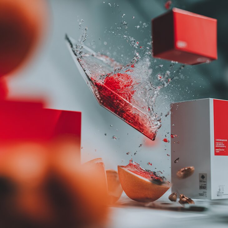 Abstrakte Darstellung mehrere Lebensmittelverpackungen, die stehen und schweben. Drum herum verschiedenes angeschnittenes Obst.