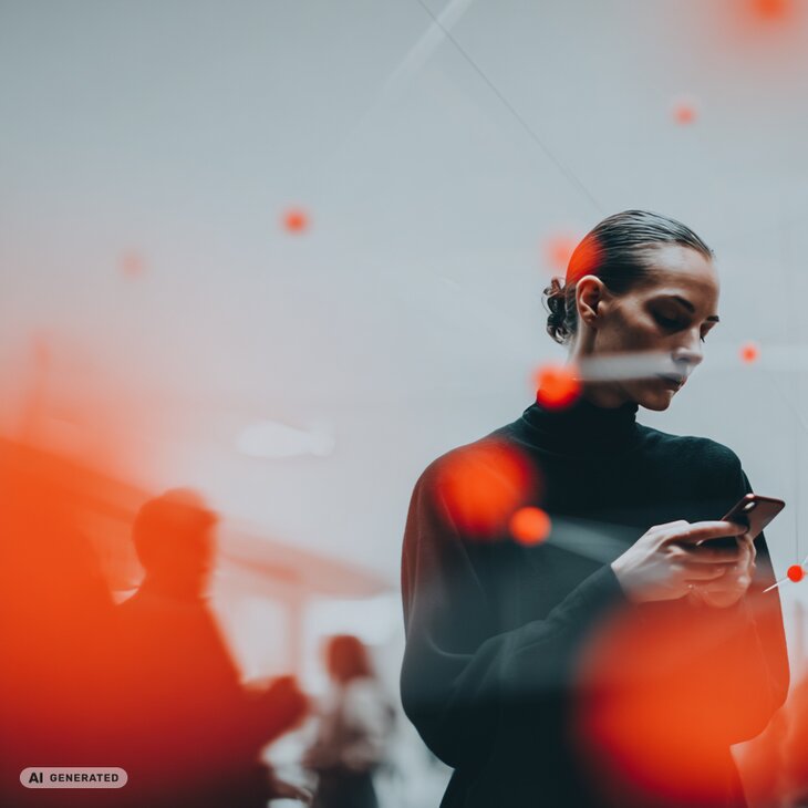Frau mit Handy in einem Netzwerk (KI)