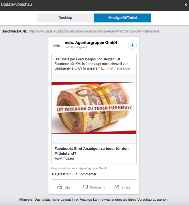 Vorschau von Sponsored Content auf LinkedIn