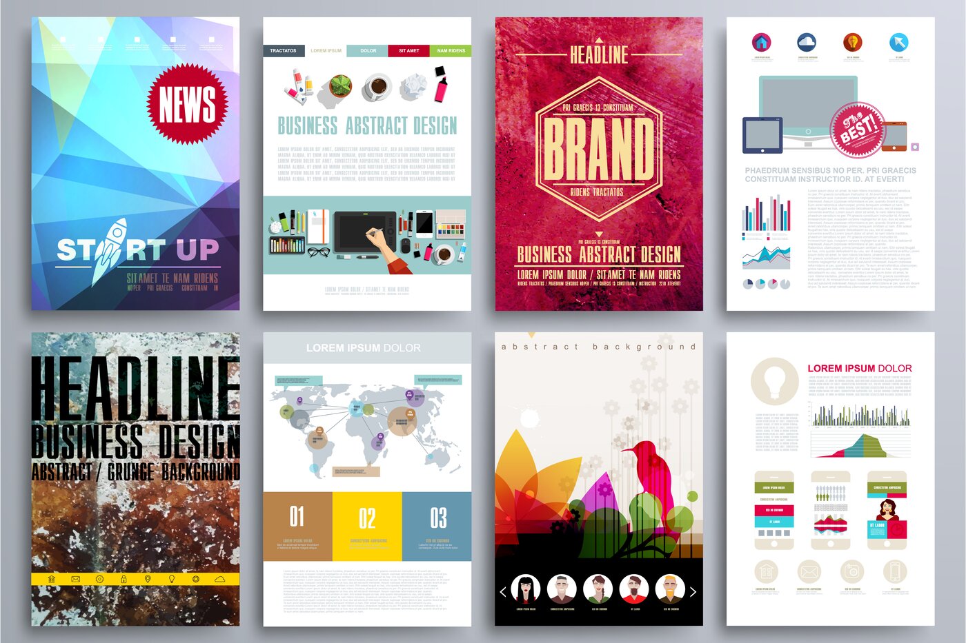 Acht unterschiedliche Layoutentwürfe