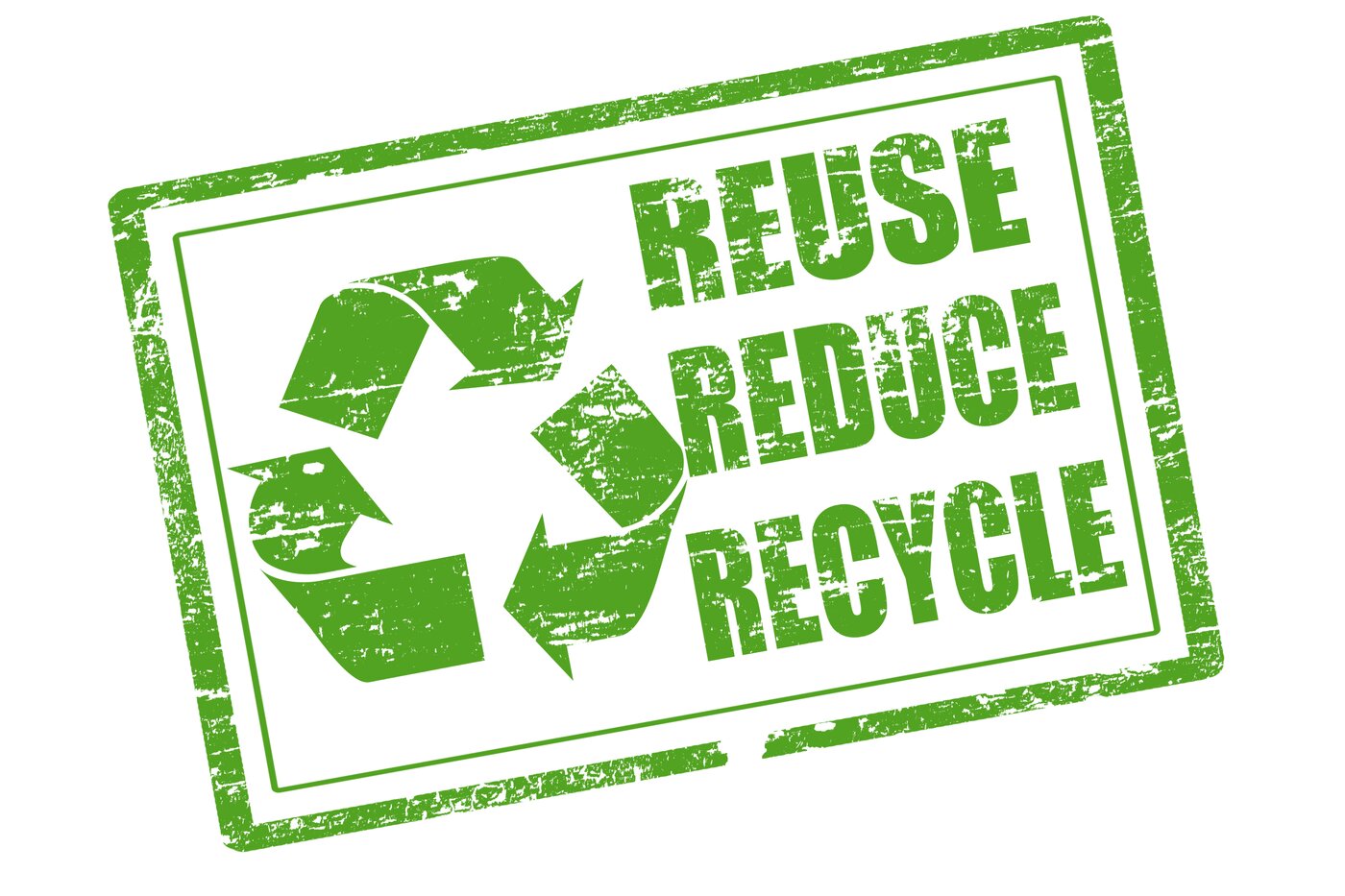 Warenetikett mit Recyclingzeichen und dem Slogan Reuse, Reduce, Recycle
