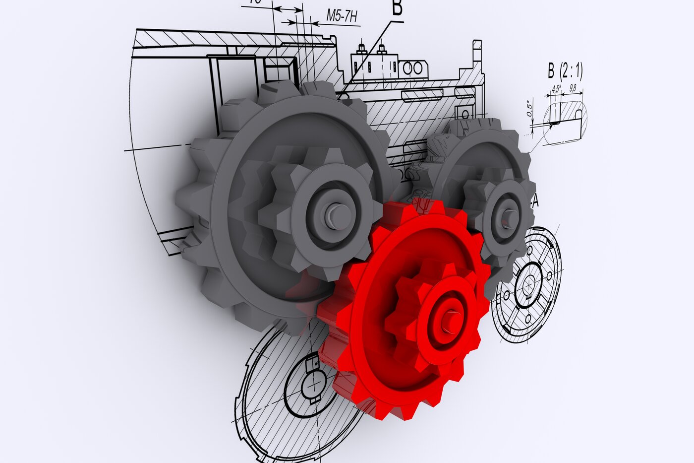 Zwei graue und ein rotes Zahnrad mit technischer Skizze als Hintergrund
