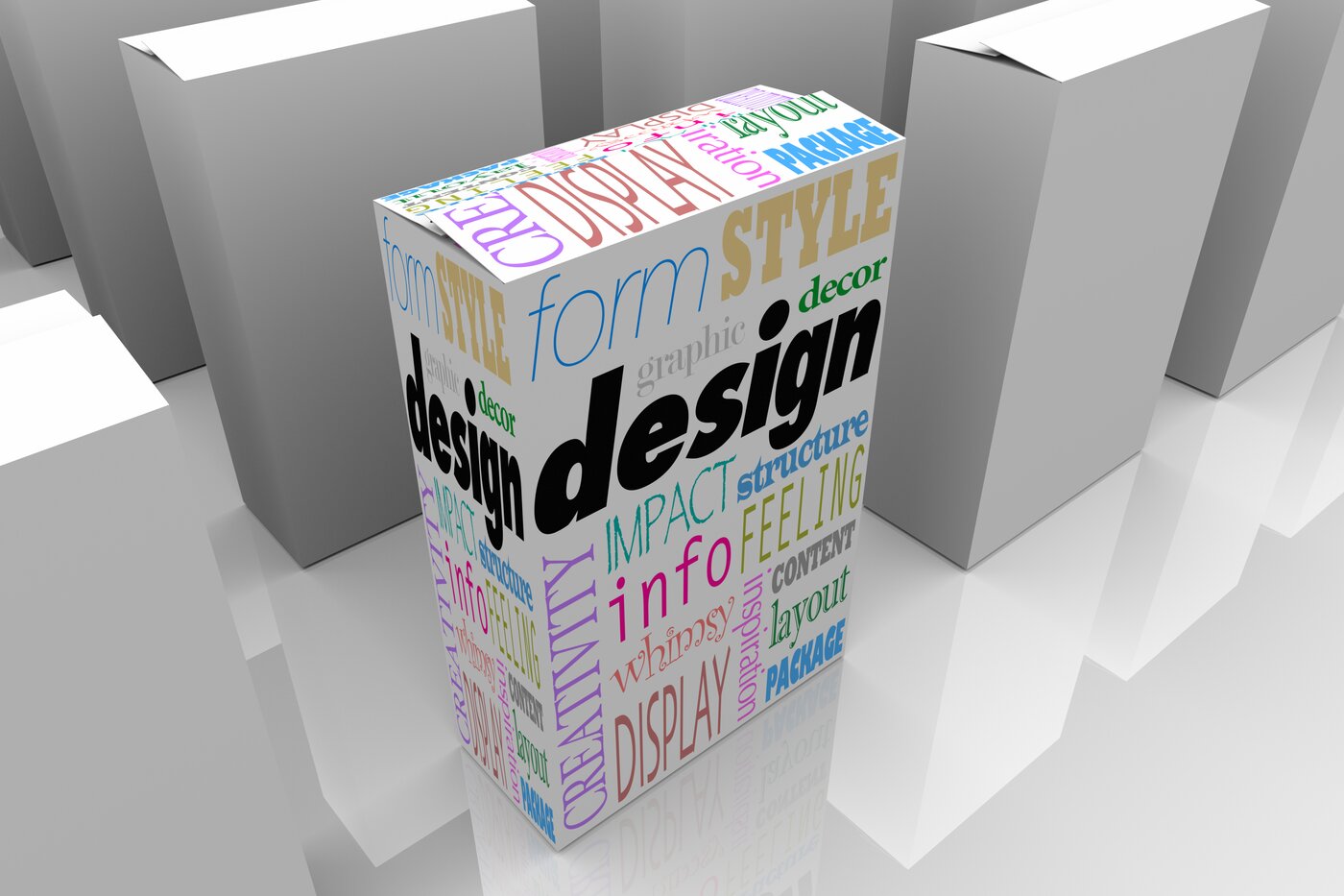 Neutrale Verpackungen in Reih und Glied, in der ersten Reihe eine mit Design