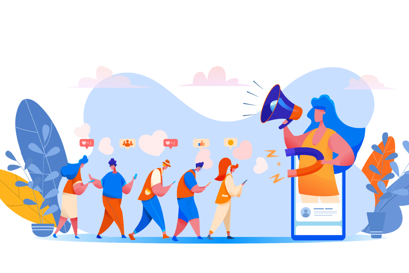 Zeichnung einer Frau mit Megafon, die aus einem stehenden Handy ragt und mit einem Magneten fünf Menschen anzieht, die alle in ihr Handy schauen