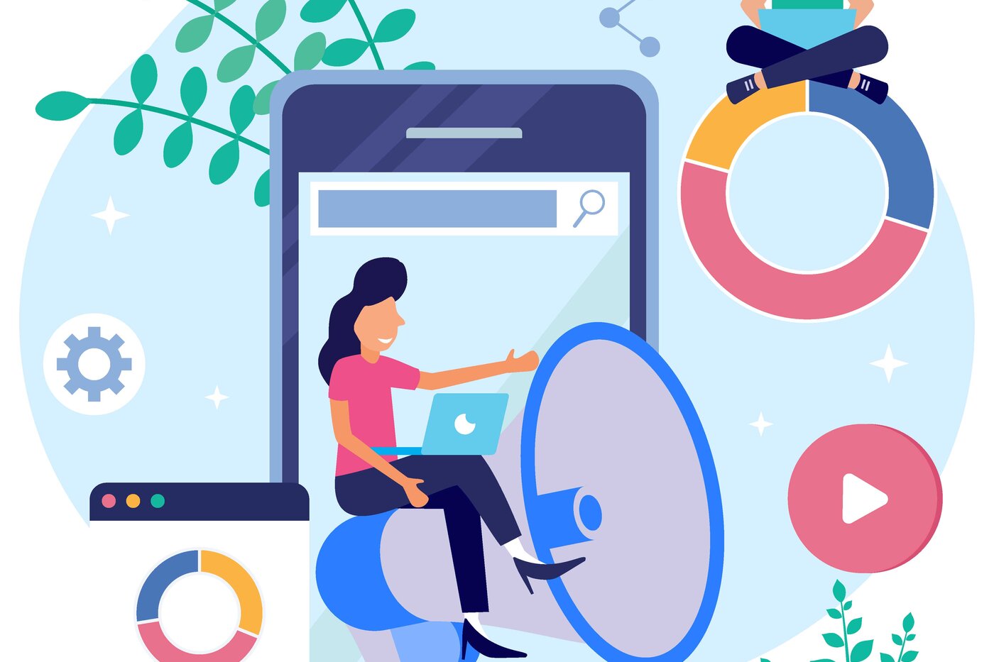 Zeichnung eines auf einer grünen Wiese stehenden Handys, davor eine Frau auf einem Megafon sitzen, rechts oben Mann im Schneidersitz mit einem Laptop im Schoß