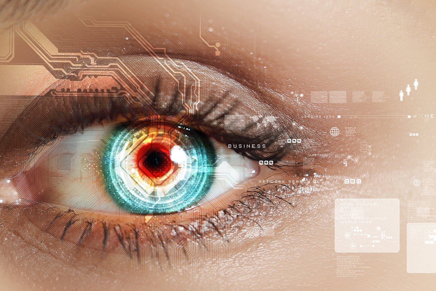 Nahansicht eines Auges mit vorgelagerten digitalen Symbolen