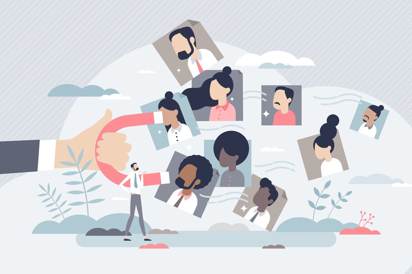 Zeichnung: Ausgestreckter Arm mit Magnet in der Hand, der viele gezeichnete Porträts von Menschen anzieht