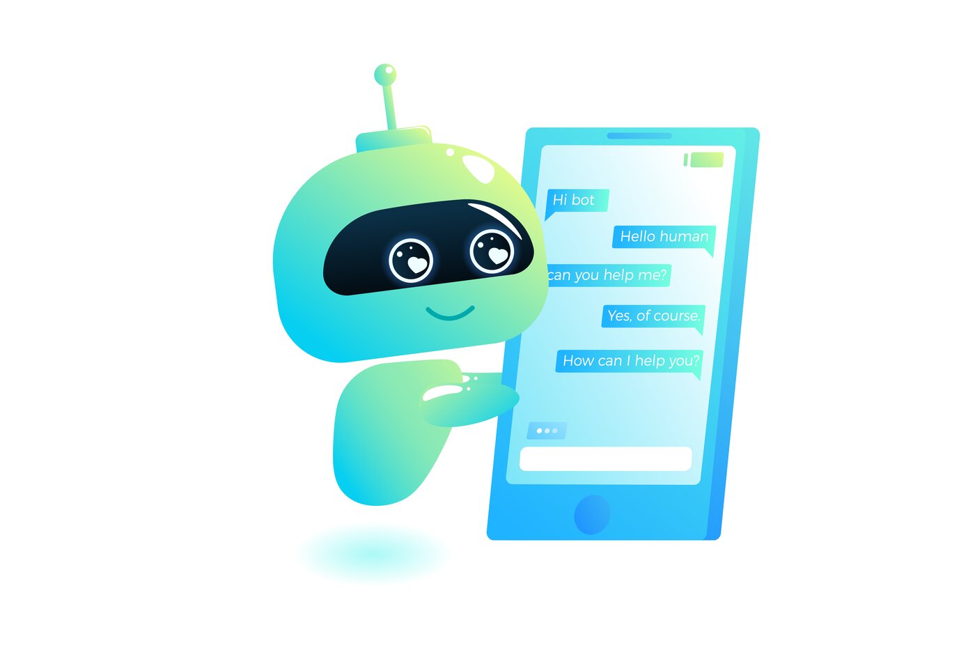 Illustration eines kleinen Roboters, der auf einem Handy in einer Messaging-App eine Sprachnachricht tippt