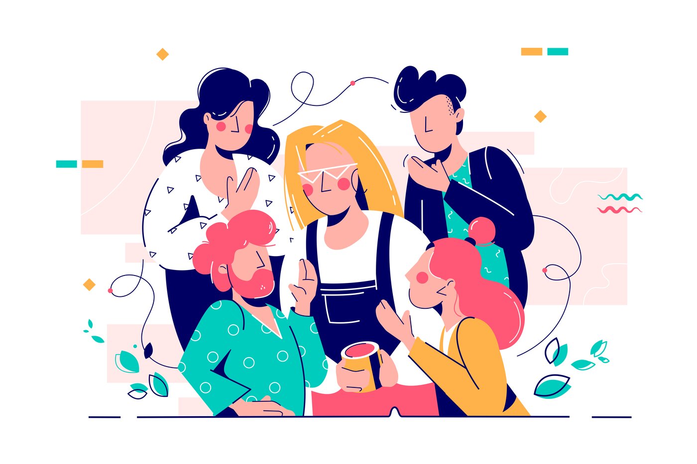 Illustration einer um eine weibliche Figur angeordnete Vierergruppe von Menschen, die diese zu beraten scheinen