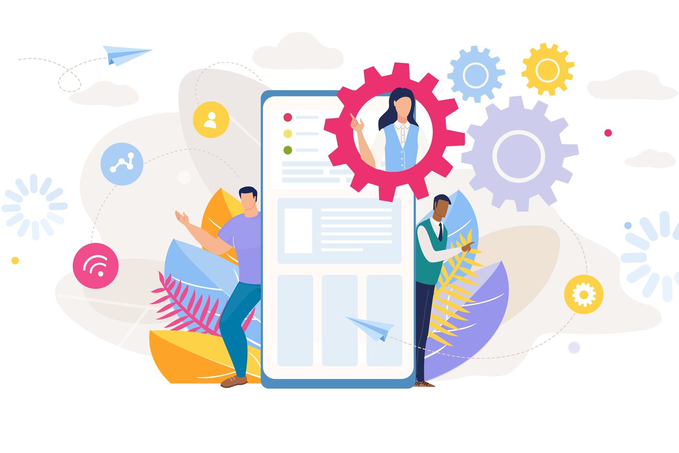 Illustration eines in einer Landschaft stehenden Handys; rechst und links davon zwei Figuren, oben eine Figur in einem Kreis und Internetsymbole rundherum