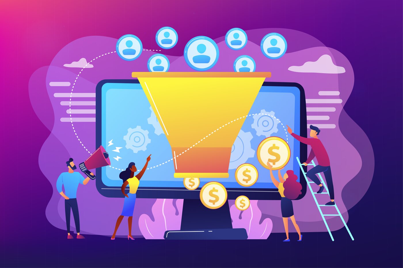 Zeichnung zum Inbound-Sales, die Sales Funnel vor einem Desktop zeigt, open purzeln Kunden rein, unten Geld raus