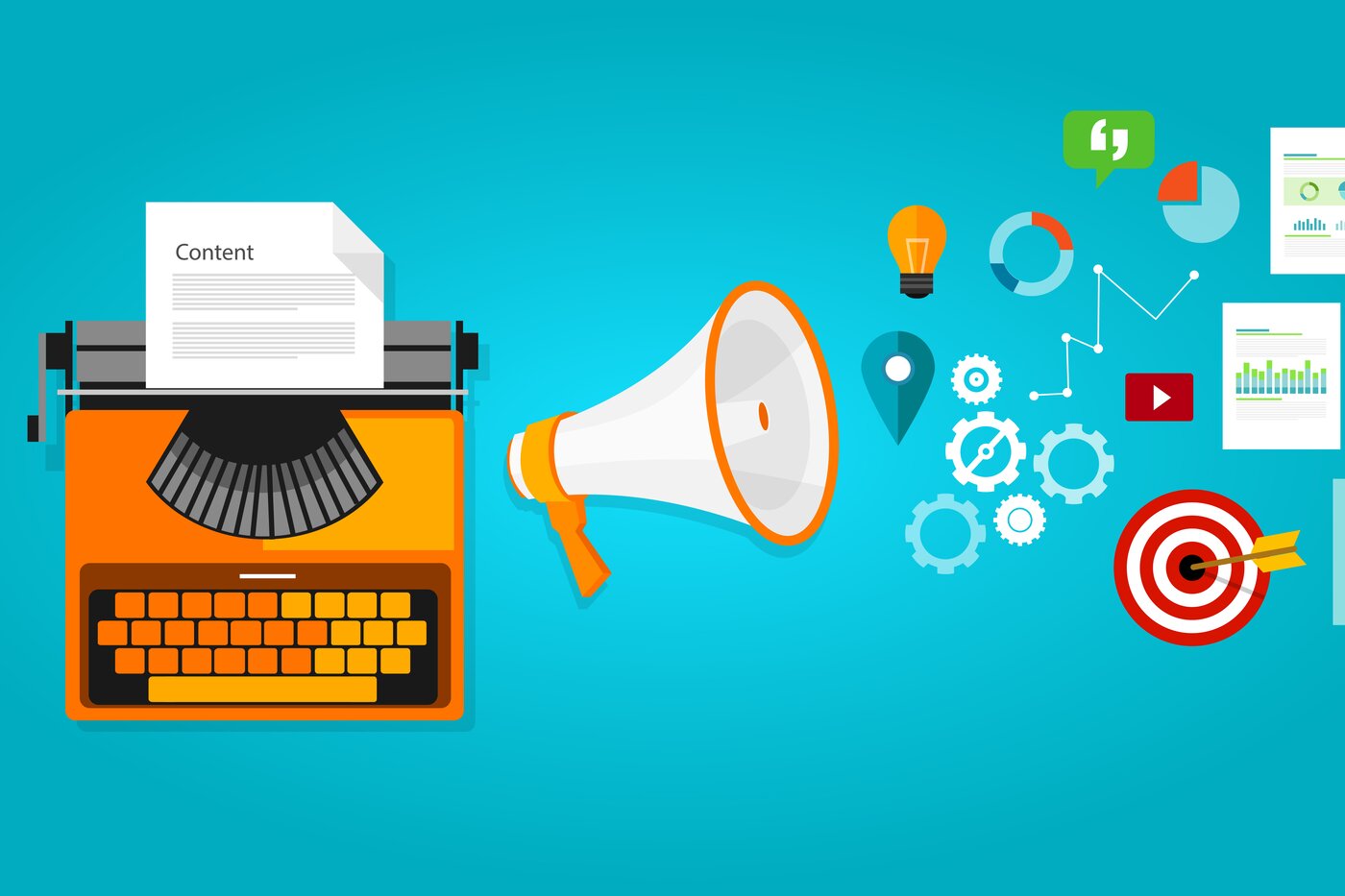 Grafik auf blauem Hintergrund: links eine Schreibmaschine mit eingespanntem Papier, auf dem Content steht. Rechts davon ein Megafon und daran anschließend unterschiedliche Marketingsymbole
