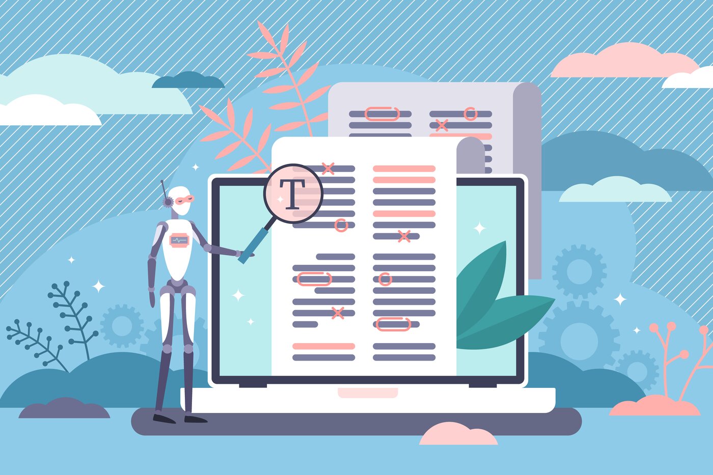 Illustration eines Roboters, der neben einem aufgeklappten Laptop steht und ein Textdokument darin Korrektur liest