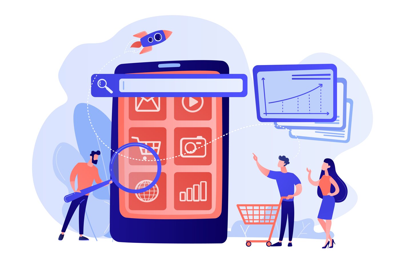 Illustration zur Verdeutlichung der Kundenbindung im E-Commerce. In der Mitte ein stehendes Handy. Darauf sichtbar Google-Suchschlitz und E-Commerce Einkaufssymbole. Links vom Handy Mann mit Lupe. Rechts ein Paar mit Einkaufswagen.